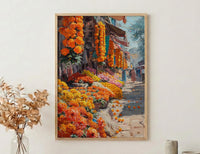 Indian Flower Market Oil Painting Poster, Marigold Street Art Print, Vibrant India Wall Art, Colorful Bazaar Decor, Impasto Floral Print