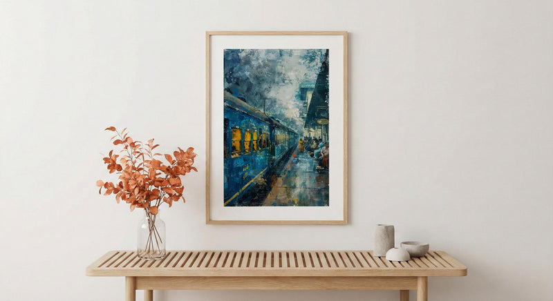 Indian Blue Train Oil Painting Poster, Vintage Railway Art Print, Nostalgic India Travel Wall Art, Cinematic Journey, Impasto Style Print