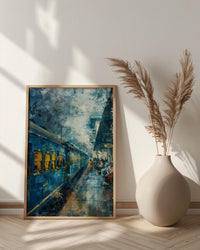 Indian Blue Train Oil Painting Poster, Vintage Railway Art Print, Nostalgic India Travel Wall Art, Cinematic Journey, Impasto Style Print