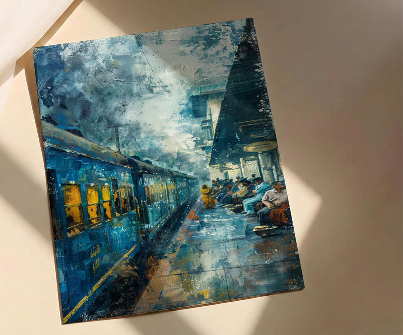 Indian Blue Train Oil Painting Poster, Vintage Railway Art Print, Nostalgic India Travel Wall Art, Cinematic Journey, Impasto Style Print