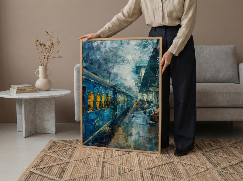 Indian Blue Train Oil Painting Poster, Vintage Railway Art Print, Nostalgic India Travel Wall Art, Cinematic Journey, Impasto Style Print