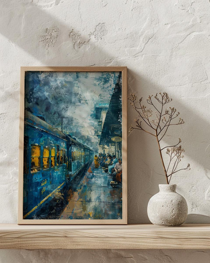 Indian Blue Train Oil Painting Poster, Vintage Railway Art Print, Nostalgic India Travel Wall Art, Cinematic Journey, Impasto Style Print