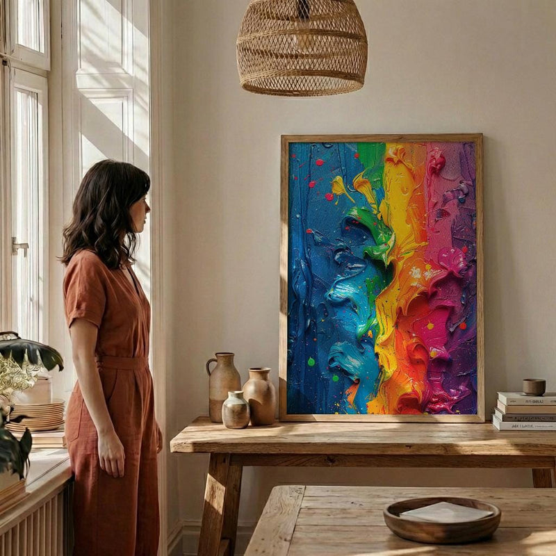 Abstract Colorful Oil Painting Poster, Holi Festival Spirit Art Print, Vibrant Rainbow Wall Art, Modern Impasto Texture, Indian Colors Decor