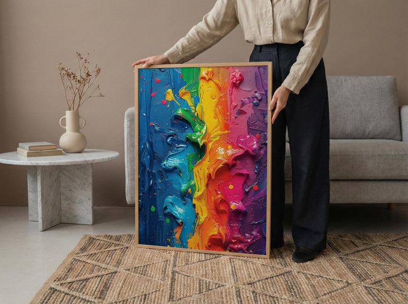 Abstract Colorful Oil Painting Poster, Holi Festival Spirit Art Print, Vibrant Rainbow Wall Art, Modern Impasto Texture, Indian Colors Decor