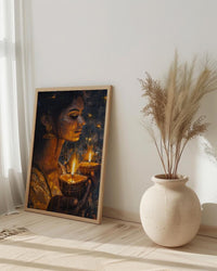 Diwali Celebration Oil Painting Poster, Woman Holding Diya Art Print, Spiritual Light Festival Wall Art, Golden Glow Decor, Impasto Art
