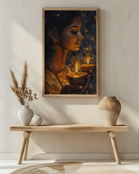 Diwali Celebration Oil Painting Poster, Woman Holding Diya Art Print, Spiritual Light Festival Wall Art, Golden Glow Decor, Impasto Art