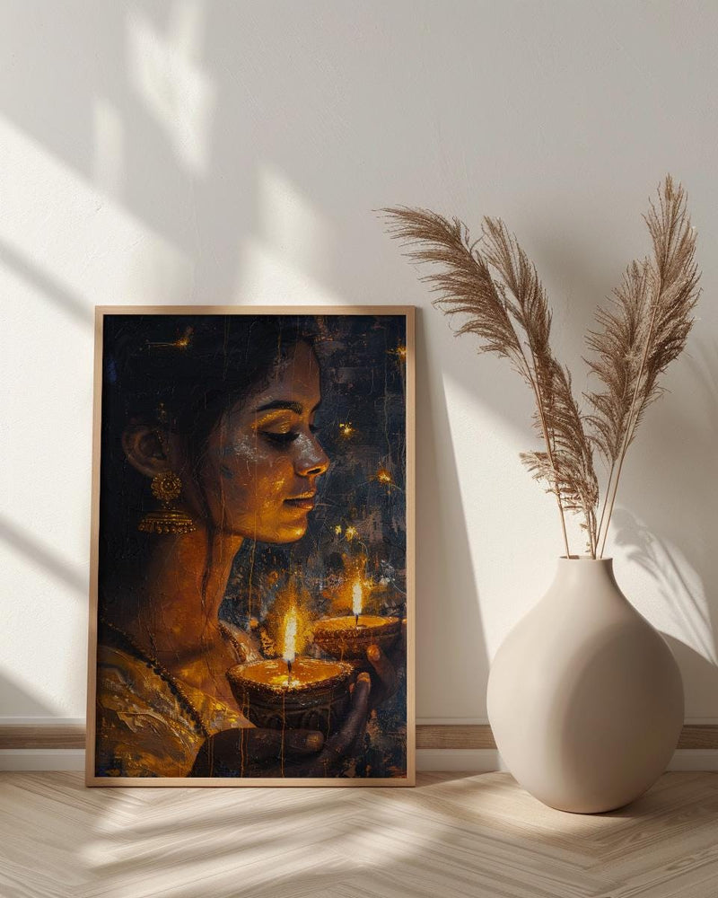 Diwali Celebration Oil Painting Poster, Woman Holding Diya Art Print, Spiritual Light Festival Wall Art, Golden Glow Decor, Impasto Art
