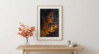 Diwali Celebration Oil Painting Poster, Woman Holding Diya Art Print, Spiritual Light Festival Wall Art, Golden Glow Decor, Impasto Art