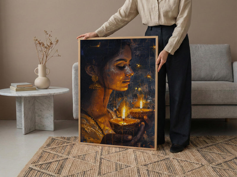 Diwali Celebration Oil Painting Poster, Woman Holding Diya Art Print, Spiritual Light Festival Wall Art, Golden Glow Decor, Impasto Art
