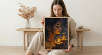 Diwali Celebration Oil Painting Poster, Woman Holding Diya Art Print, Spiritual Light Festival Wall Art, Golden Glow Decor, Impasto Art