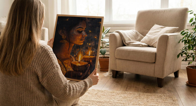 Diwali Celebration Oil Painting Poster, Woman Holding Diya Art Print, Spiritual Light Festival Wall Art, Golden Glow Decor, Impasto Art