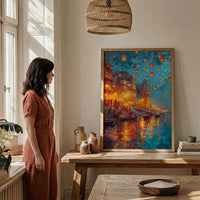 Varanasi Lantern Festival Oil Painting Poster, Ganges River Night Art Print, Indian Spiritual Wall Art, Floating Lanterns, Impasto Art