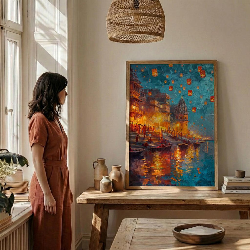 Varanasi Lantern Festival Oil Painting Poster, Ganges River Night Art Print, Indian Spiritual Wall Art, Floating Lanterns, Impasto Art