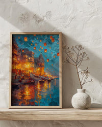 Varanasi Lantern Festival Oil Painting Poster, Ganges River Night Art Print, Indian Spiritual Wall Art, Floating Lanterns, Impasto Art