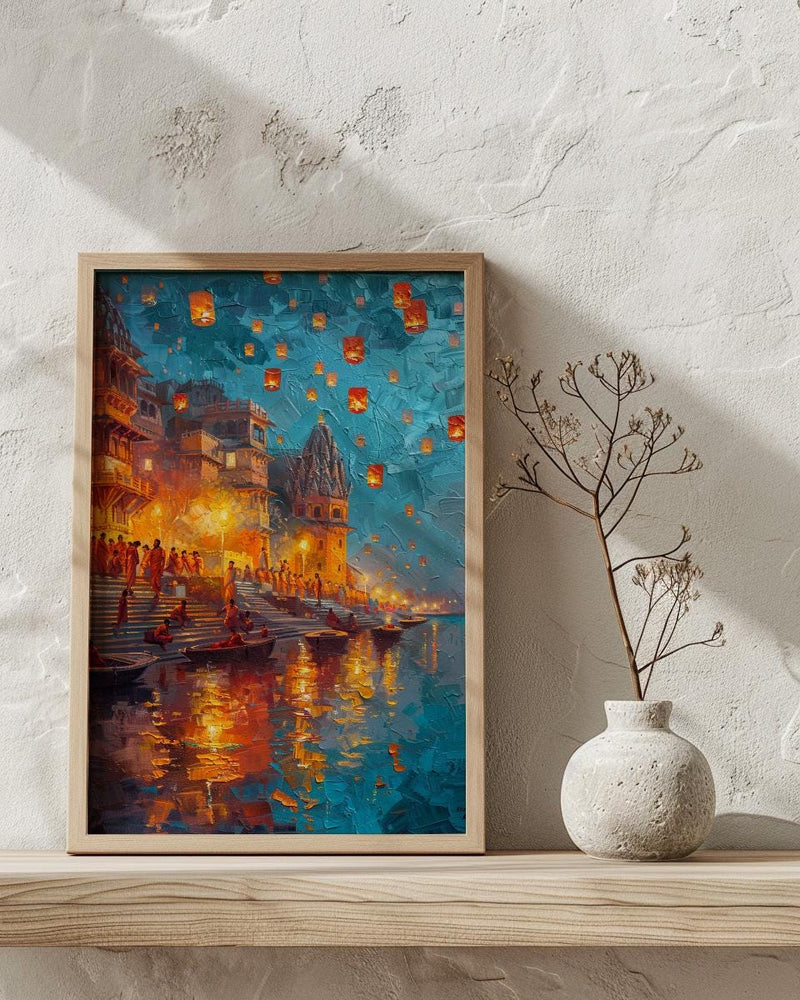 Varanasi Lantern Festival Oil Painting Poster, Ganges River Night Art Print, Indian Spiritual Wall Art, Floating Lanterns, Impasto Art