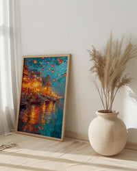 Varanasi Lantern Festival Oil Painting Poster, Ganges River Night Art Print, Indian Spiritual Wall Art, Floating Lanterns, Impasto Art