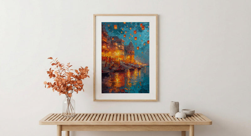 Varanasi Lantern Festival Oil Painting Poster, Ganges River Night Art Print, Indian Spiritual Wall Art, Floating Lanterns, Impasto Art