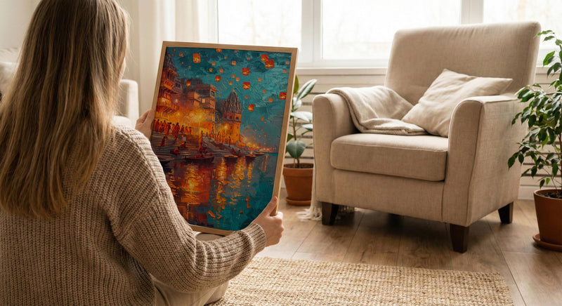 Varanasi Lantern Festival Oil Painting Poster, Ganges River Night Art Print, Indian Spiritual Wall Art, Floating Lanterns, Impasto Art
