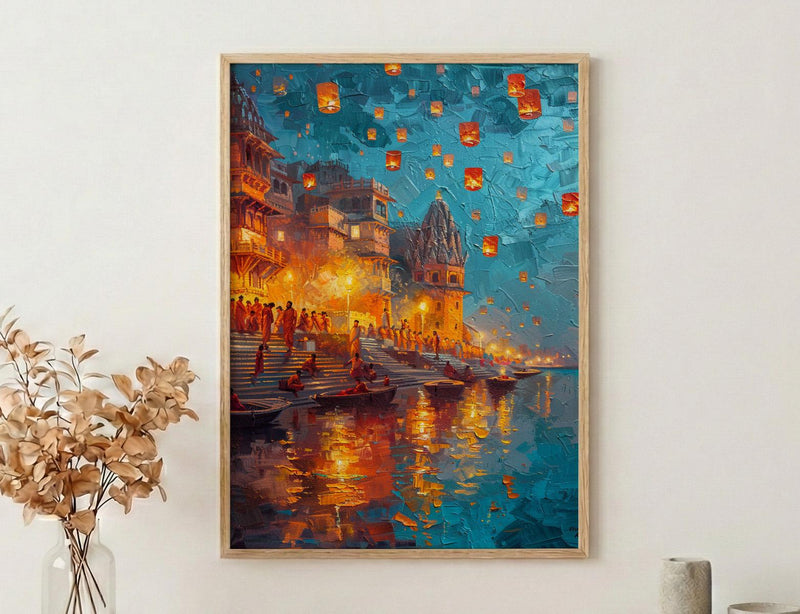 Varanasi Lantern Festival Oil Painting Poster, Ganges River Night Art Print, Indian Spiritual Wall Art, Floating Lanterns, Impasto Art