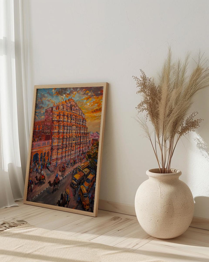 Jaipur Hawa Mahal Oil Painting Poster, Pink City India Art Print, Palace of Winds Wall Art, Rajasthan Travel Decor, Impasto Architecture