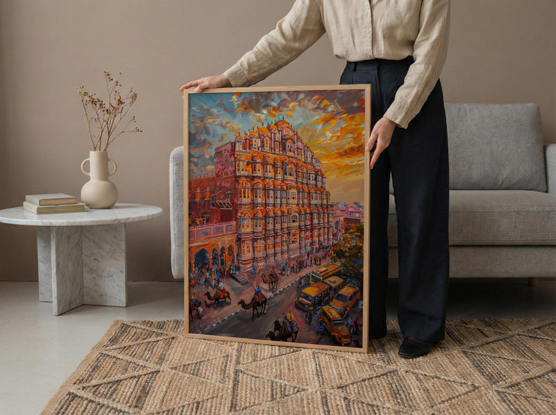 Jaipur Hawa Mahal Oil Painting Poster, Pink City India Art Print, Palace of Winds Wall Art, Rajasthan Travel Decor, Impasto Architecture
