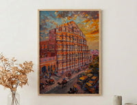 Jaipur Hawa Mahal Oil Painting Poster, Pink City India Art Print, Palace of Winds Wall Art, Rajasthan Travel Decor, Impasto Architecture
