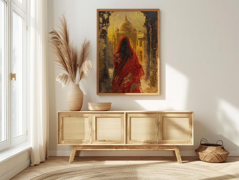 Indian Woman in Red Sari Oil Painting Poster, Golden Temple Art Print, Mystical India Wall Art, Luxury Cultural Decor, Impasto Style Print