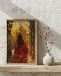 Indian Woman in Red Sari Oil Painting Poster, Golden Temple Art Print, Mystical India Wall Art, Luxury Cultural Decor, Impasto Style Print