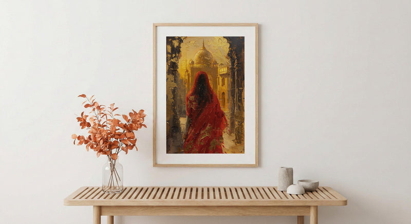 Indian Woman in Red Sari Oil Painting Poster, Golden Temple Art Print, Mystical India Wall Art, Luxury Cultural Decor, Impasto Style Print