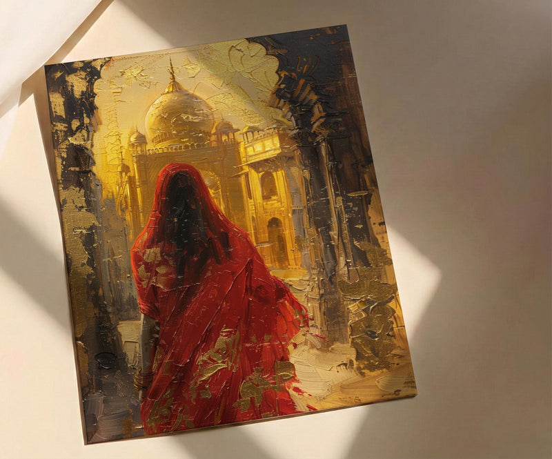 Indian Woman in Red Sari Oil Painting Poster, Golden Temple Art Print, Mystical India Wall Art, Luxury Cultural Decor, Impasto Style Print