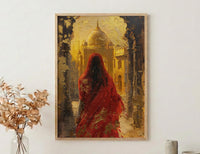 Indian Woman in Red Sari Oil Painting Poster, Golden Temple Art Print, Mystical India Wall Art, Luxury Cultural Decor, Impasto Style Print