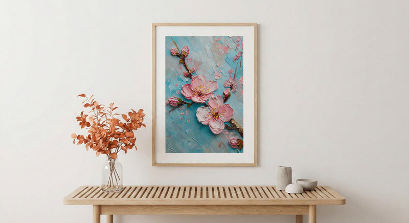Japanese Cherry Blossom Oil Painting Poster, Sakura Branch Art Print, Pink Floral Wall Art, Zen Nature Decor, Impasto Style Flower Print