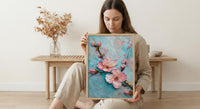 Japanese Cherry Blossom Oil Painting Poster, Sakura Branch Art Print, Pink Floral Wall Art, Zen Nature Decor, Impasto Style Flower Print