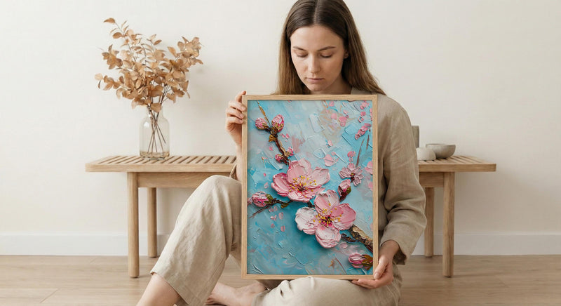 Japanese Cherry Blossom Oil Painting Poster, Sakura Branch Art Print, Pink Floral Wall Art, Zen Nature Decor, Impasto Style Flower Print