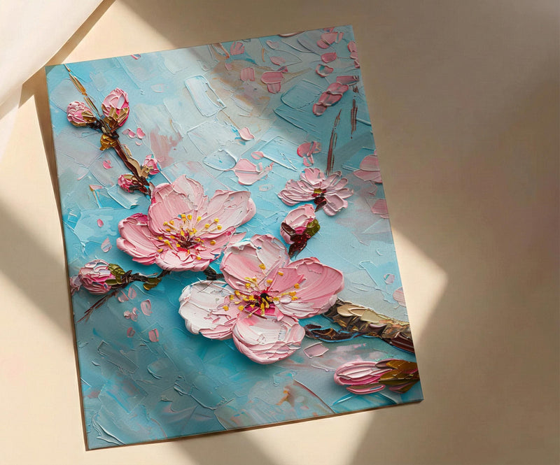 Japanese Cherry Blossom Oil Painting Poster, Sakura Branch Art Print, Pink Floral Wall Art, Zen Nature Decor, Impasto Style Flower Print