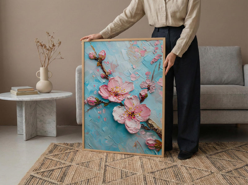 Japanese Cherry Blossom Oil Painting Poster, Sakura Branch Art Print, Pink Floral Wall Art, Zen Nature Decor, Impasto Style Flower Print