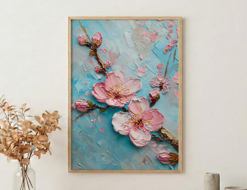 Japanese Cherry Blossom Oil Painting Poster, Sakura Branch Art Print, Pink Floral Wall Art, Zen Nature Decor, Impasto Style Flower Print