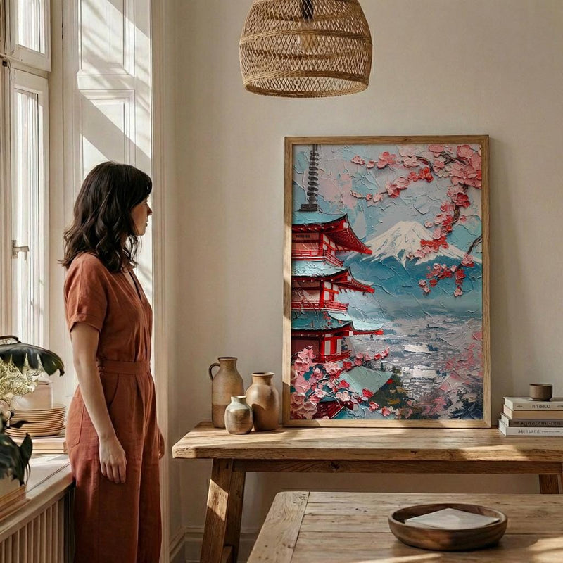 Japanese Chureito Pagoda Oil Painting Poster, Mount Fuji Sunset Art Print, Sakura & Pagoda Wall Art, Japan Travel Decor, Impasto Landscape