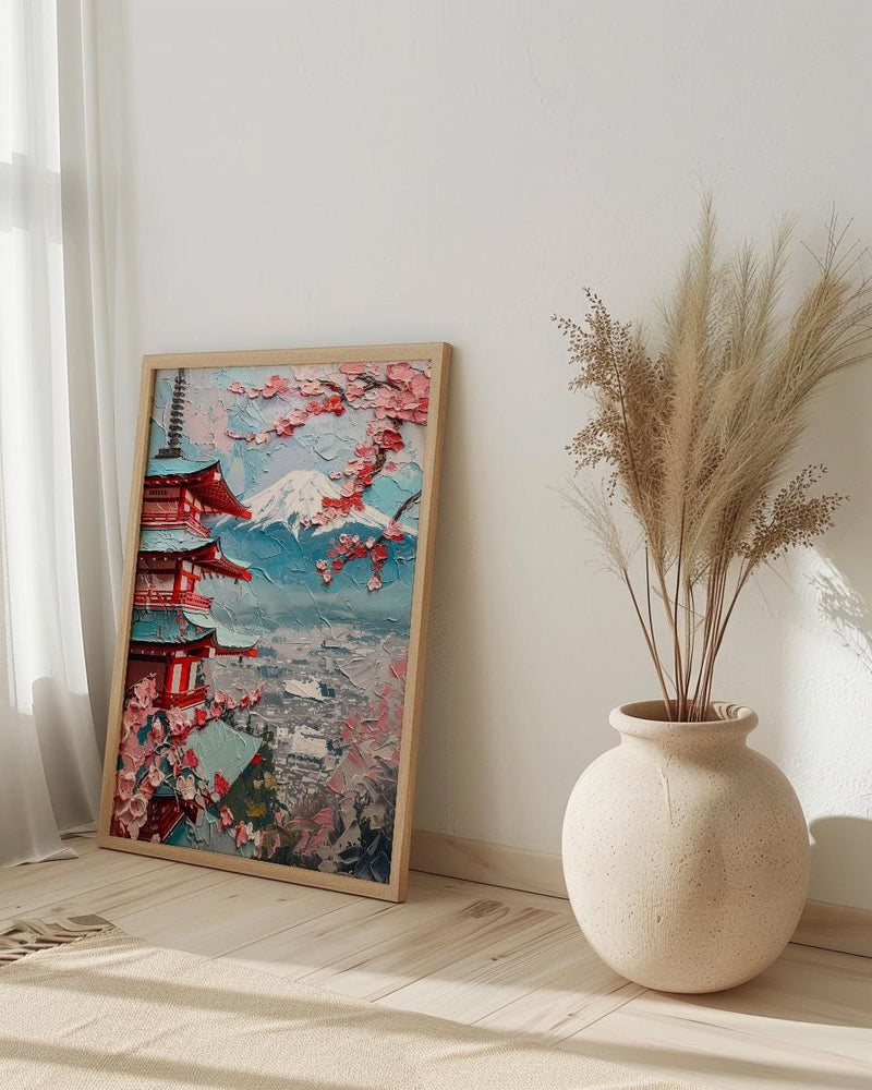Japanese Chureito Pagoda Oil Painting Poster, Mount Fuji Sunset Art Print, Sakura & Pagoda Wall Art, Japan Travel Decor, Impasto Landscape