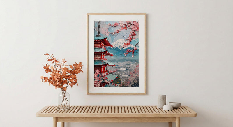 Japanese Chureito Pagoda Oil Painting Poster, Mount Fuji Sunset Art Print, Sakura & Pagoda Wall Art, Japan Travel Decor, Impasto Landscape