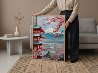 Japanese Chureito Pagoda Oil Painting Poster, Mount Fuji Sunset Art Print, Sakura & Pagoda Wall Art, Japan Travel Decor, Impasto Landscape