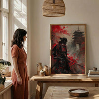 Japanese Samurai Oil Painting Poster, Bushido Warrior Art Print, Red Maple Leaves Wall Art, Katana Sword Decor, Impasto Asian Masterpiece