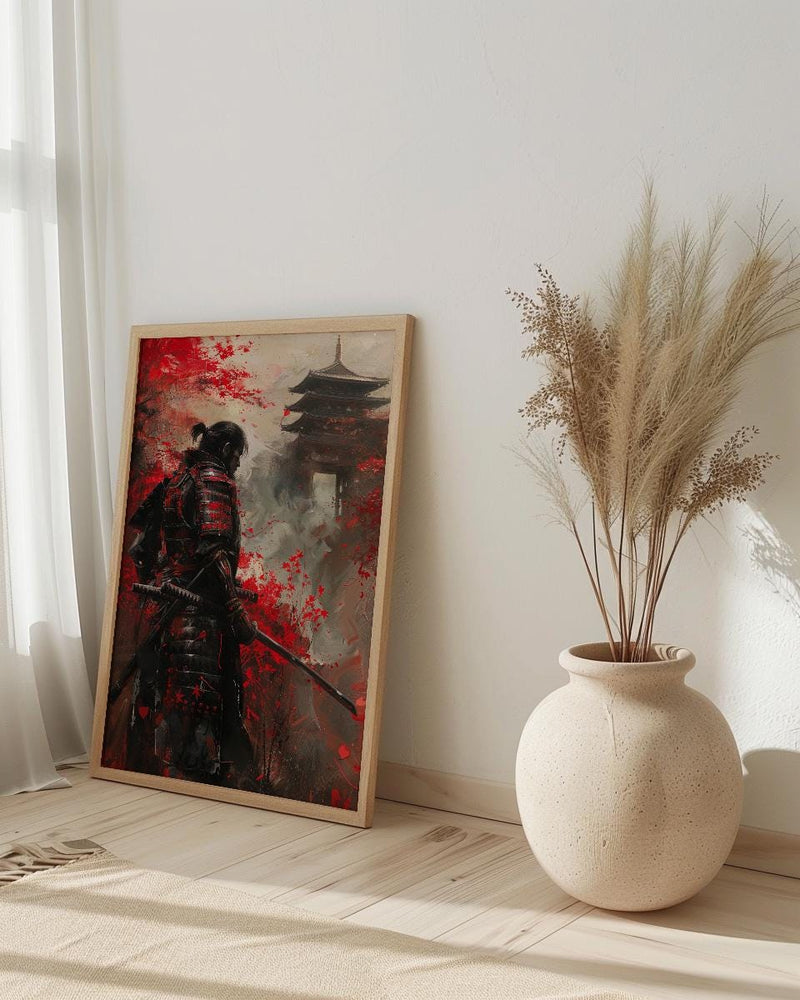 Japanese Samurai Oil Painting Poster, Bushido Warrior Art Print, Red Maple Leaves Wall Art, Katana Sword Decor, Impasto Asian Masterpiece
