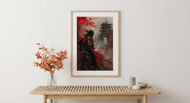 Japanese Samurai Oil Painting Poster, Bushido Warrior Art Print, Red Maple Leaves Wall Art, Katana Sword Decor, Impasto Asian Masterpiece