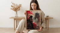 Japanese Samurai Oil Painting Poster, Bushido Warrior Art Print, Red Maple Leaves Wall Art, Katana Sword Decor, Impasto Asian Masterpiece