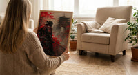Japanese Samurai Oil Painting Poster, Bushido Warrior Art Print, Red Maple Leaves Wall Art, Katana Sword Decor, Impasto Asian Masterpiece