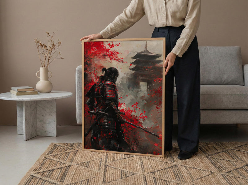 Japanese Samurai Oil Painting Poster, Bushido Warrior Art Print, Red Maple Leaves Wall Art, Katana Sword Decor, Impasto Asian Masterpiece