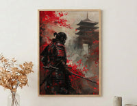 Japanese Samurai Oil Painting Poster, Bushido Warrior Art Print, Red Maple Leaves Wall Art, Katana Sword Decor, Impasto Asian Masterpiece
