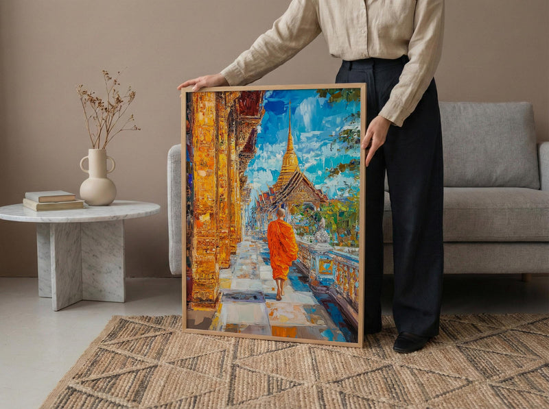 Thai Buddhist Monk Oil Painting Poster, Golden Temple Bangkok Art Print, Spiritual Asia Wall Art, Meditation Decor, Impasto Architecture