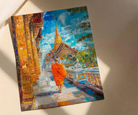 Thai Buddhist Monk Oil Painting Poster, Golden Temple Bangkok Art Print, Spiritual Asia Wall Art, Meditation Decor, Impasto Architecture